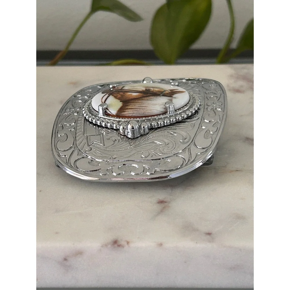 Vintage Western Horse Belt Buckle Silver Tone Engraved Floral Equestrian Oval